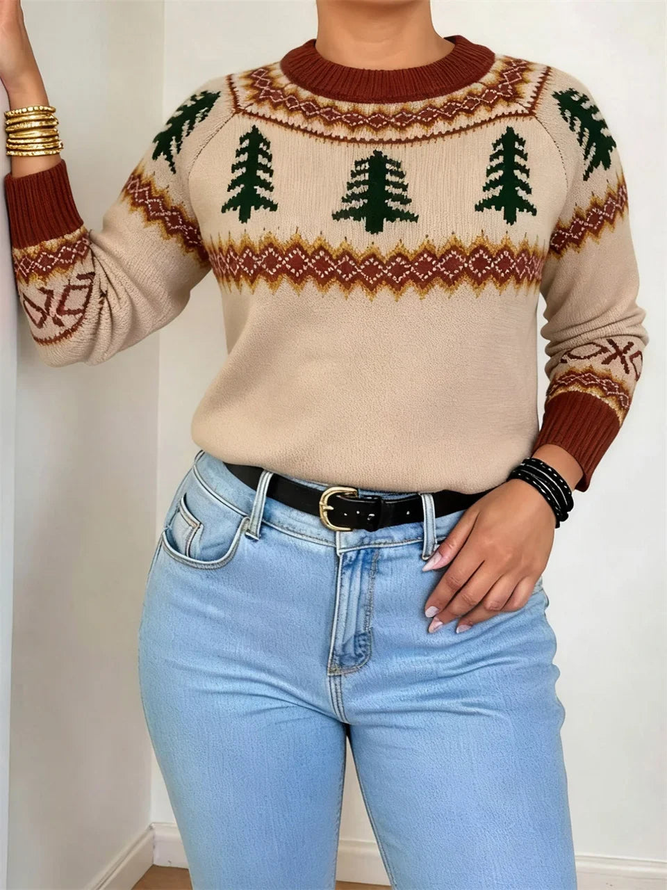 Plus Size Women's Crew Neck Pullover Sweater - Loose Knit Autumn Winter Christmas Top