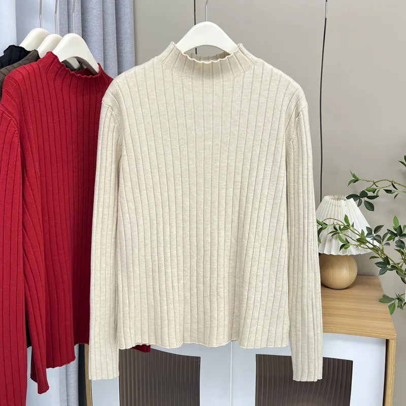 Plus Size Mock Neck Knit Sweater - Slim Fit Casual Pullover for Women, Autumn/Winter