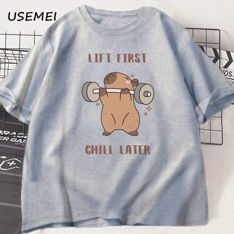 Capybara Gym T-Shirt Men Women Sports Weightlifting Tee Workout Fitness T Shirt Top Unisex Softstyle Loose Cotton Tshirt Clothes