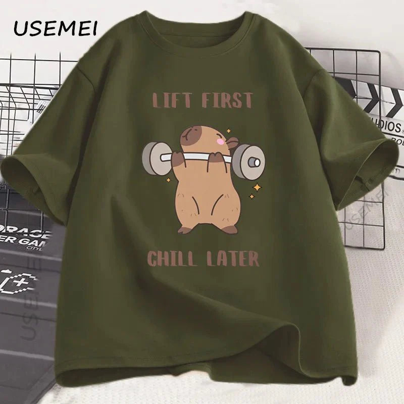 Capybara Gym T-Shirt Men Women Sports Weightlifting Tee Workout Fitness T Shirt Top Unisex Softstyle Loose Cotton Tshirt Clothes