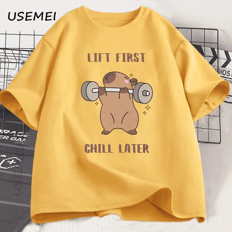 Capybara Gym T-Shirt Men Women Sports Weightlifting Tee Workout Fitness T Shirt Top Unisex Softstyle Loose Cotton Tshirt Clothes