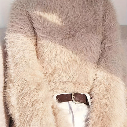 Women's Plus Size Faux Mink Long Fur Pullover Sweater, Crew Neck Polyester Knit, Stretch, All-Season