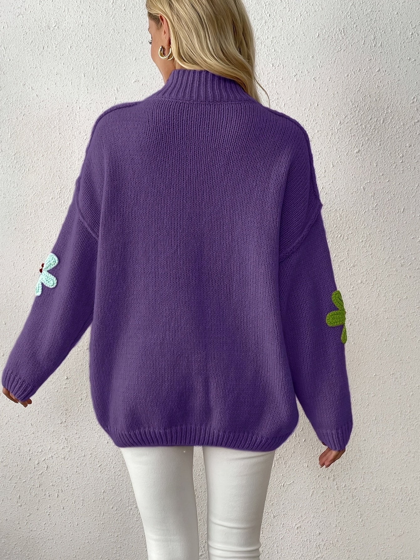 Plus Size Floral Applique Knit Sweater – Women's Long Sleeve High Neck Pullover for Fall & Winter