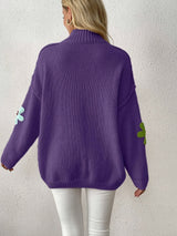 Plus Size Floral Applique Knit Sweater – Women's Long Sleeve High Neck Pullover for Fall & Winter