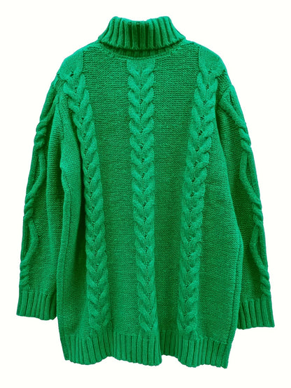 Women's Plus Size High-Neck Cable Knit Sweater - Long Sleeve Solid Pullover, Soft Warm Fall Winter Top