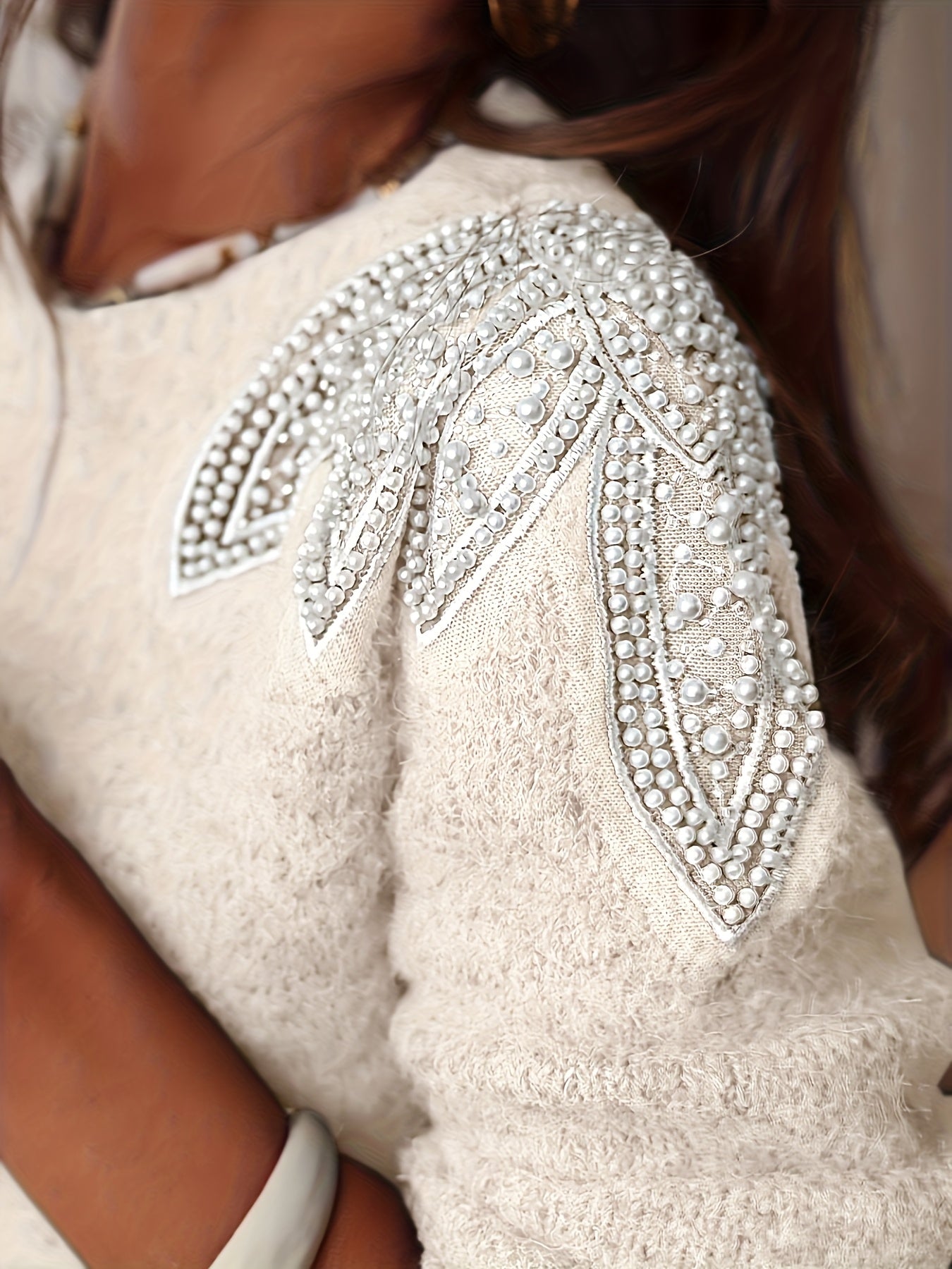 Plus Size Women's Stretch Knit Sweater with Beaded Shoulder Accents – Oversized Crewneck Pullover, Long Sleeve for Fall/Winter