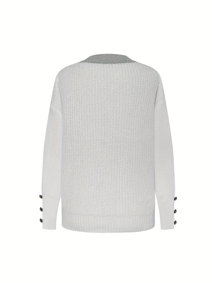 Plus Size Oversized Women's Sweater - Soft Knit Pullover with Button Front Placket, Long Sleeve Crew Neck for Fall/Winter