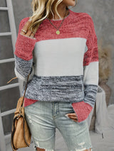 Plus-Size Drop Shoulder Striped Pullover Sweater - Stretchy Oversized Knit Long Sleeve Crew Neck for Fall Winter