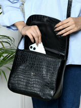 Diva Black Croco Sling Bag Elegant Leather
