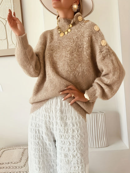 Plus Size Women's Elegant Button-Front Sweater, Soft Long Sleeve High Neck Knit Pullover for Office & Everyday