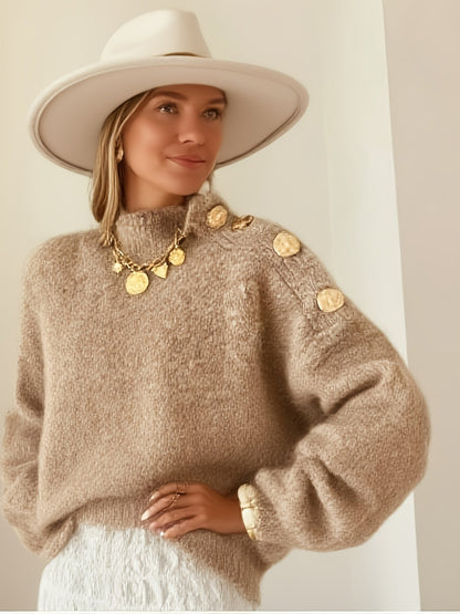 Plus Size Women's Elegant Button-Front Sweater, Soft Long Sleeve High Neck Knit Pullover for Office & Everyday