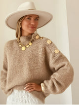 Plus Size Women's Elegant Button-Front Sweater, Soft Long Sleeve High Neck Knit Pullover for Office & Everyday