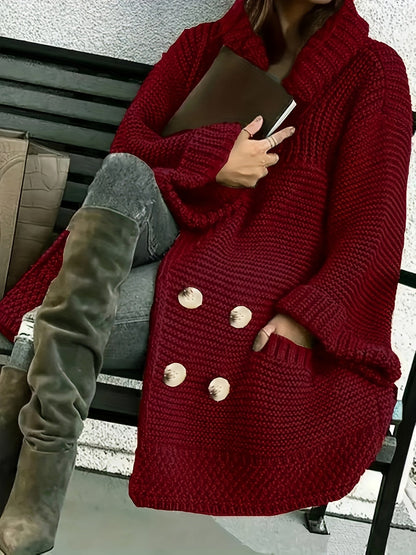 Plus Size Women's Knit Cardigan Coat – Elegant Lapel Poncho for Fall/Winter