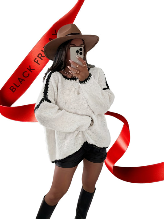 Plus Size Women's French-Style Patchwork Crewneck Sweater – Striped Color-Block Trim Loose-Fit All-Season Pullover for Layering