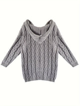 Plus Size Hooded V-Neck Knit Pullover Sweater — Long Sleeve Solid Casual Top