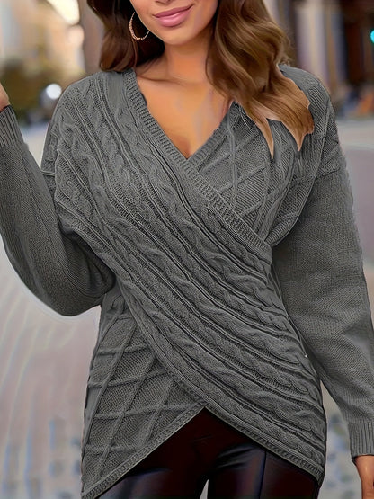 Plus Size Cable Knit Wrap V-Neck Sweater, Drop Shoulder Long Sleeve Pullover