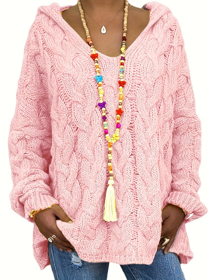 Plus Size Hooded V-Neck Knit Pullover Sweater — Long Sleeve Solid Casual Top