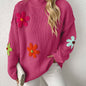 Plus Size Floral Applique Knit Sweater – Women's Long Sleeve High Neck Pullover for Fall & Winter