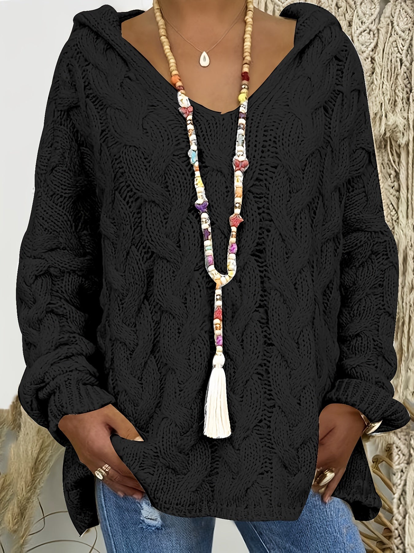 Plus Size Hooded V-Neck Knit Pullover Sweater — Long Sleeve Solid Casual Top