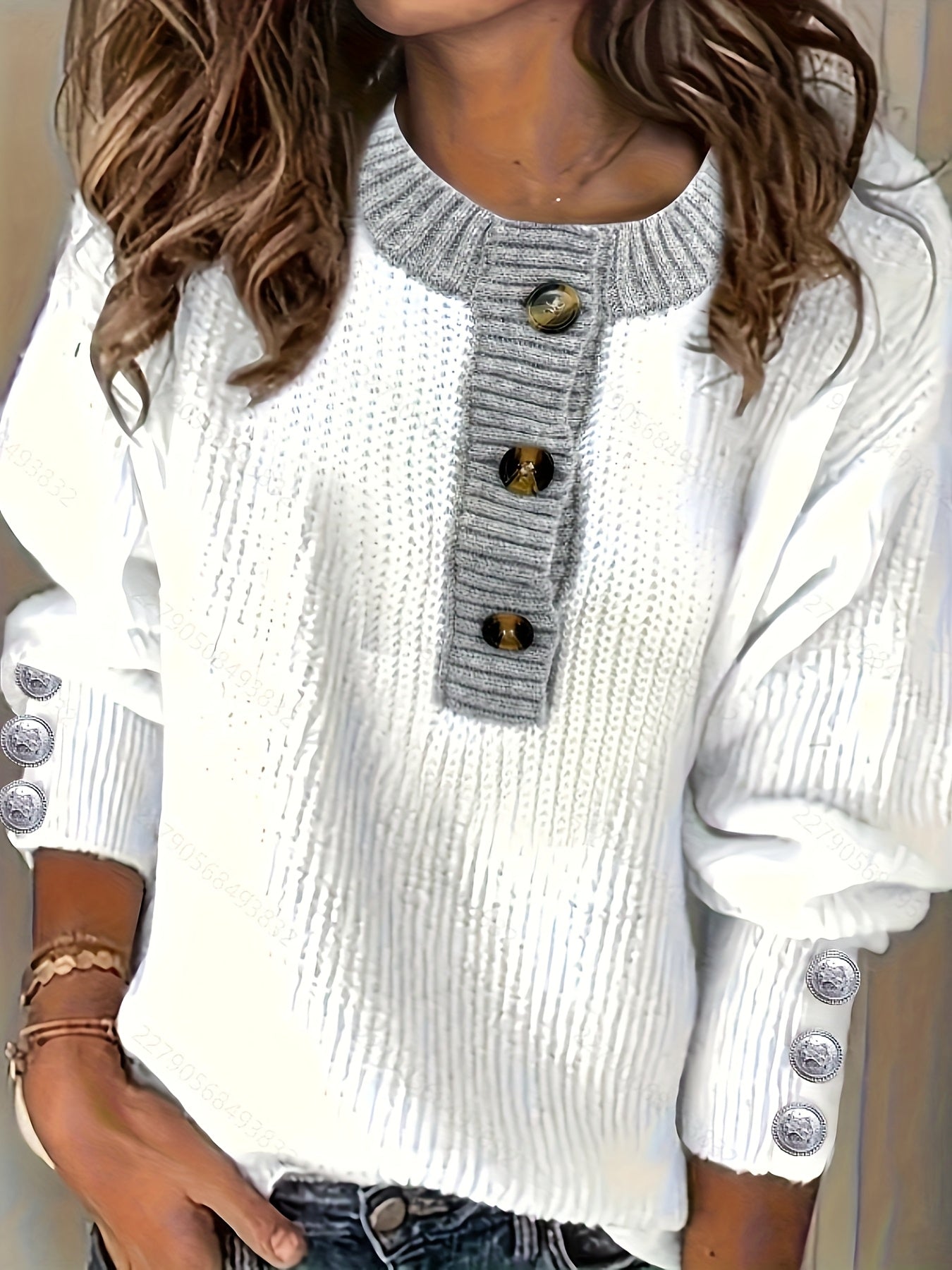 Plus Size Oversized Women's Sweater - Soft Knit Pullover with Button Front Placket, Long Sleeve Crew Neck for Fall/Winter