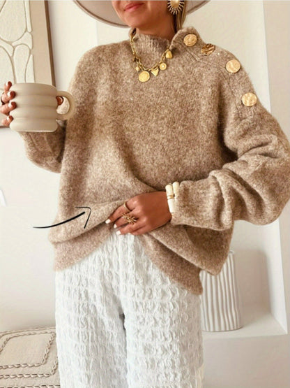 Plus Size Women's Elegant Button-Front Sweater, Soft Long Sleeve High Neck Knit Pullover for Office & Everyday