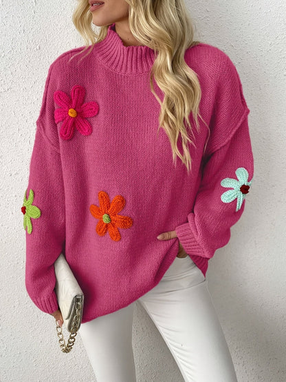 Plus Size Floral Applique Knit Sweater – Women's Long Sleeve High Neck Pullover for Fall & Winter