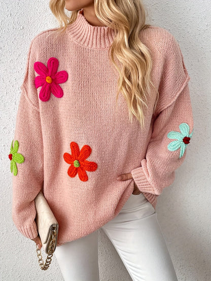 Plus Size Floral Applique Knit Sweater – Women's Long Sleeve High Neck Pullover for Fall & Winter