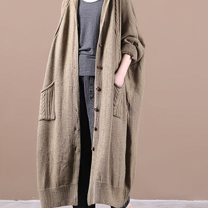Women's Plus Size Hooded Cardigan, Long Cozy Knit Sweater with Double Pockets, Loose Fit - Solid Color, Fall/Winter