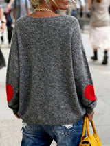 Plus Size V-Neck Heart-Pattern Pullover Sweater – Loose Oversized Knit for Fall/Winter