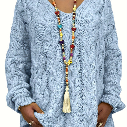 Plus Size Hooded V-Neck Knit Pullover Sweater — Long Sleeve Solid Casual Top