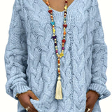 Plus Size Hooded V-Neck Knit Pullover Sweater — Long Sleeve Solid Casual Top