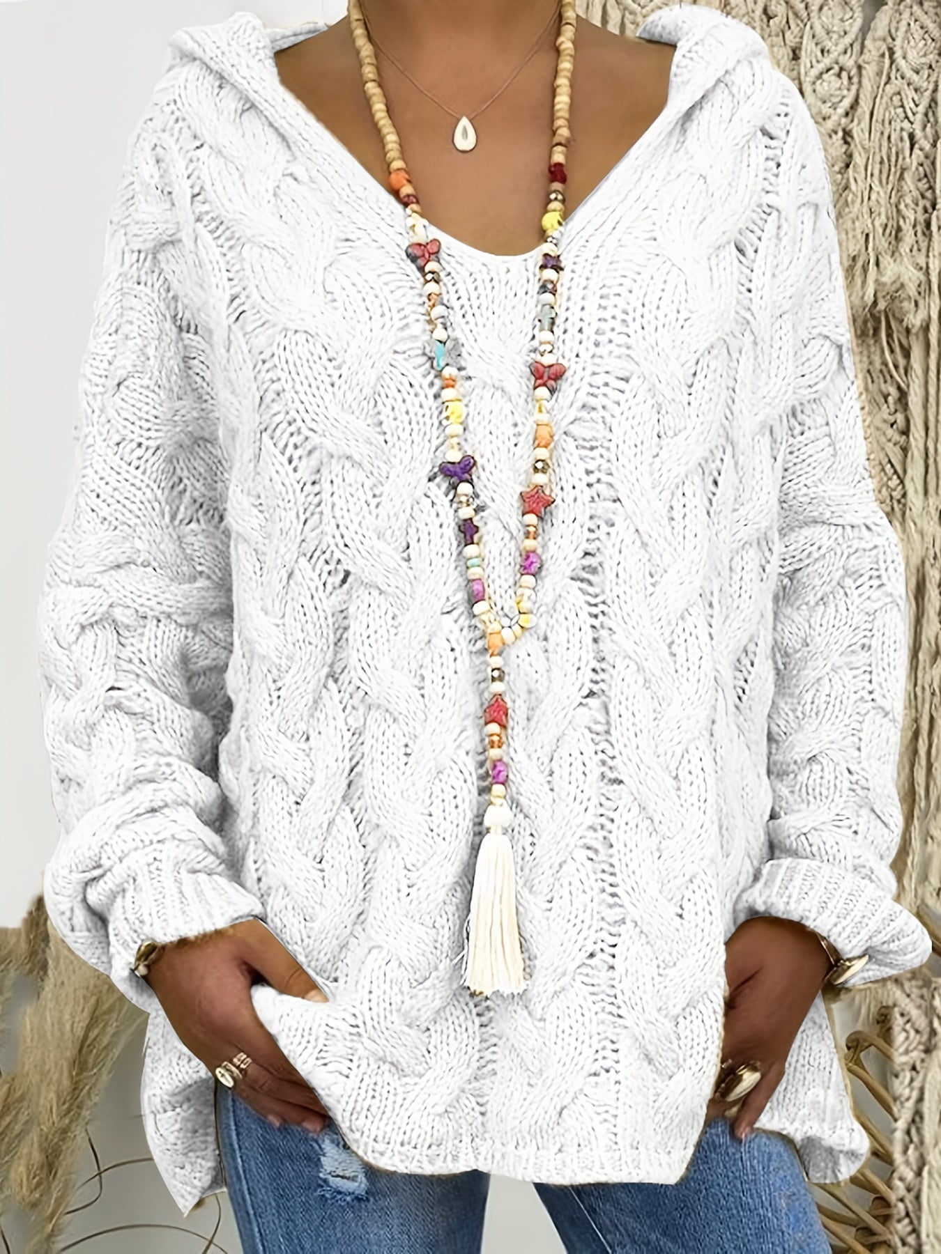 Plus Size Hooded V-Neck Knit Pullover Sweater — Long Sleeve Solid Casual Top