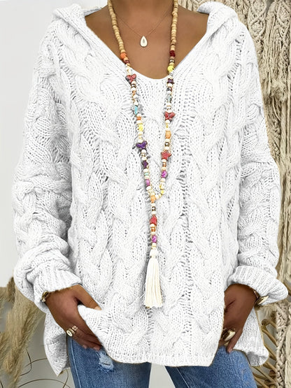 Plus Size Hooded V-Neck Knit Pullover Sweater — Long Sleeve Solid Casual Top