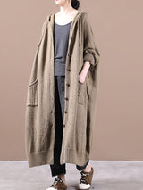 Women's Plus Size Hooded Cardigan, Long Cozy Knit Sweater with Double Pockets, Loose Fit - Solid Color, Fall/Winter