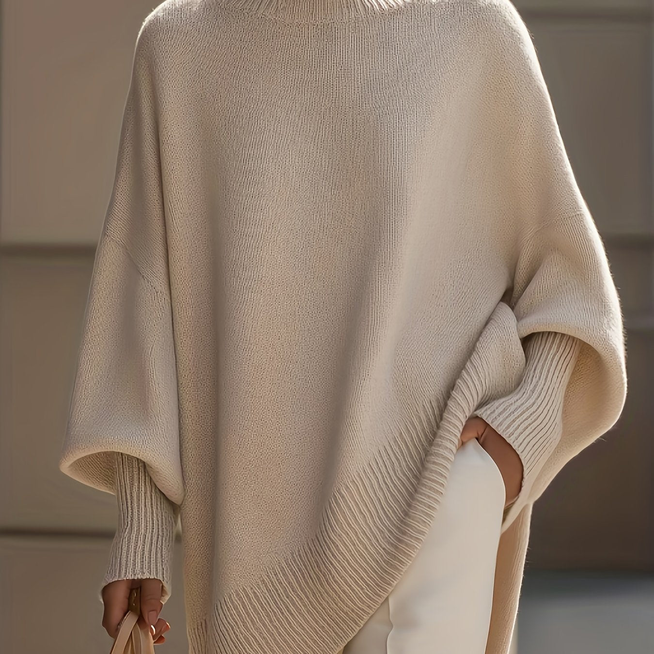 Women's Thick Longline Crewneck Sweater - Soft Loose-Fit Acrylic Blend Pullover in Neutral Tones for Fall/Winter, Office & Casual