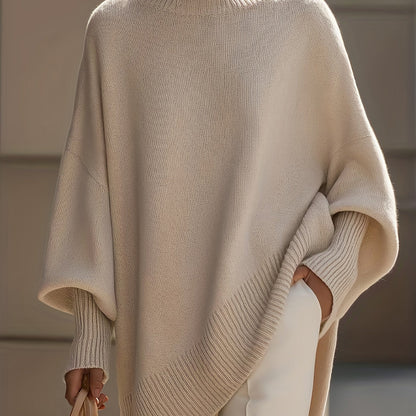 Women's Thick Longline Crewneck Sweater - Soft Loose-Fit Acrylic Blend Pullover in Neutral Tones for Fall/Winter, Office & Casual