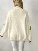 Plus Size Floral Applique Knit Sweater – Women's Long Sleeve High Neck Pullover for Fall & Winter
