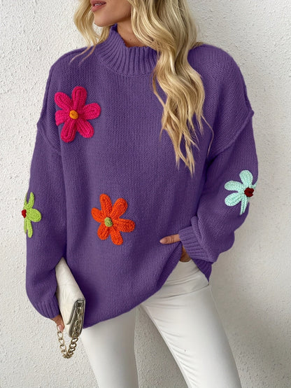 Plus Size Floral Applique Knit Sweater – Women's Long Sleeve High Neck Pullover for Fall & Winter