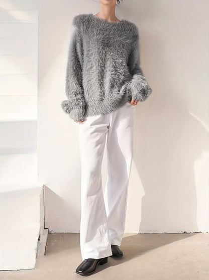 Women's Plus Size Faux Mink Long Fur Pullover Sweater, Crew Neck Polyester Knit, Stretch, All-Season
