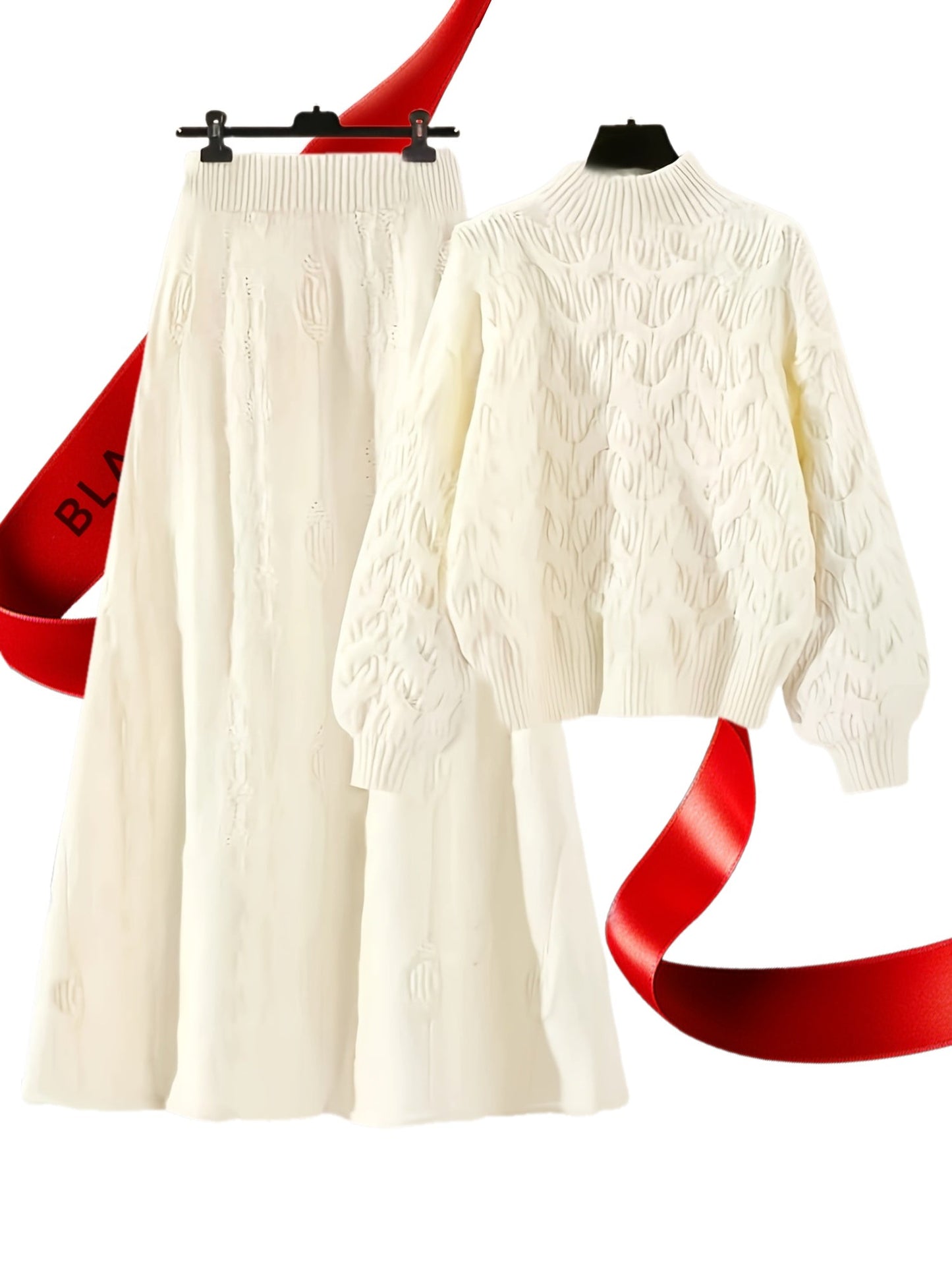 Plus Size Knit Pullover Sweater and Skirt Set, Round Neck