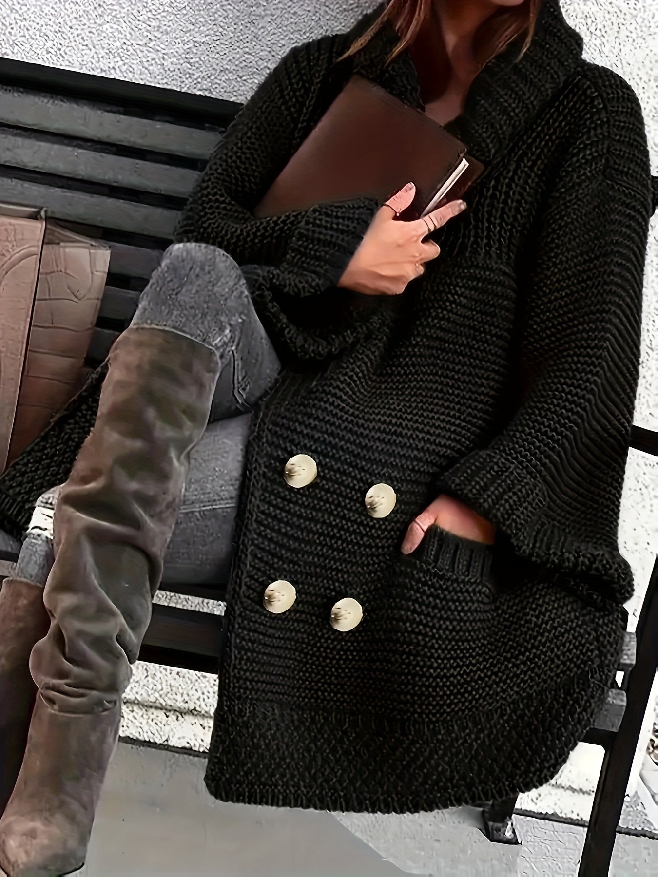 Plus Size Women's Knit Cardigan Coat – Elegant Lapel Poncho for Fall/Winter