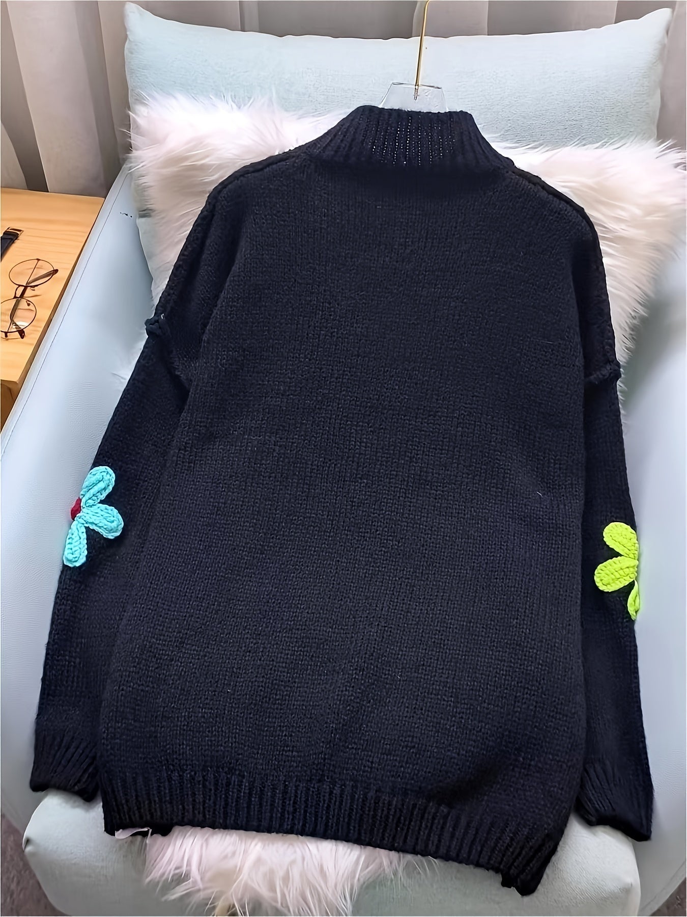 Plus Size Floral Applique Knit Sweater – Women's Long Sleeve High Neck Pullover for Fall & Winter
