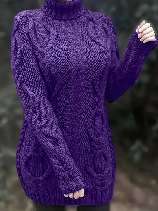 Women's Plus Size High-Neck Cable Knit Sweater - Long Sleeve Solid Pullover, Soft Warm Fall Winter Top