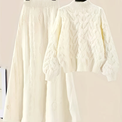 Plus Size Knit Pullover Sweater and Skirt Set, Round Neck