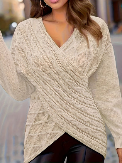 Plus Size Cable Knit Wrap V-Neck Sweater, Drop Shoulder Long Sleeve Pullover