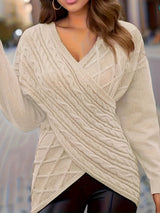 Plus Size Cable Knit Wrap V-Neck Sweater, Drop Shoulder Long Sleeve Pullover