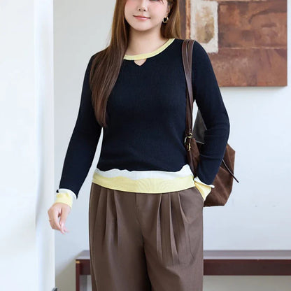 Plus Size (XXXL) Women's Gradient Knit Wool-Blend Sweater – Slim Minimalist Long-Sleeve Pullover for Autumn/Winter