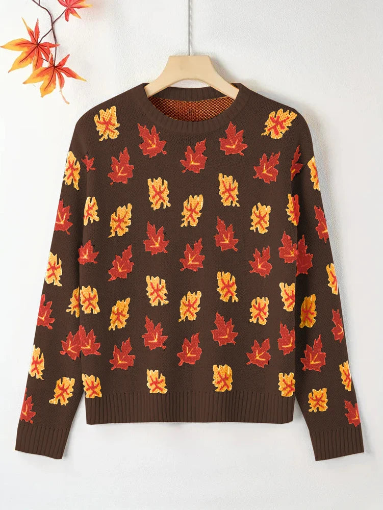 Plus Size Women's Round Neck Pullover Sweater – Falling Leaves Floral Knit, 1XL–4XL (Autumn/Winter)