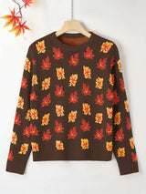 Plus Size Women's Round Neck Pullover Sweater – Falling Leaves Floral Knit, 1XL–4XL (Autumn/Winter)