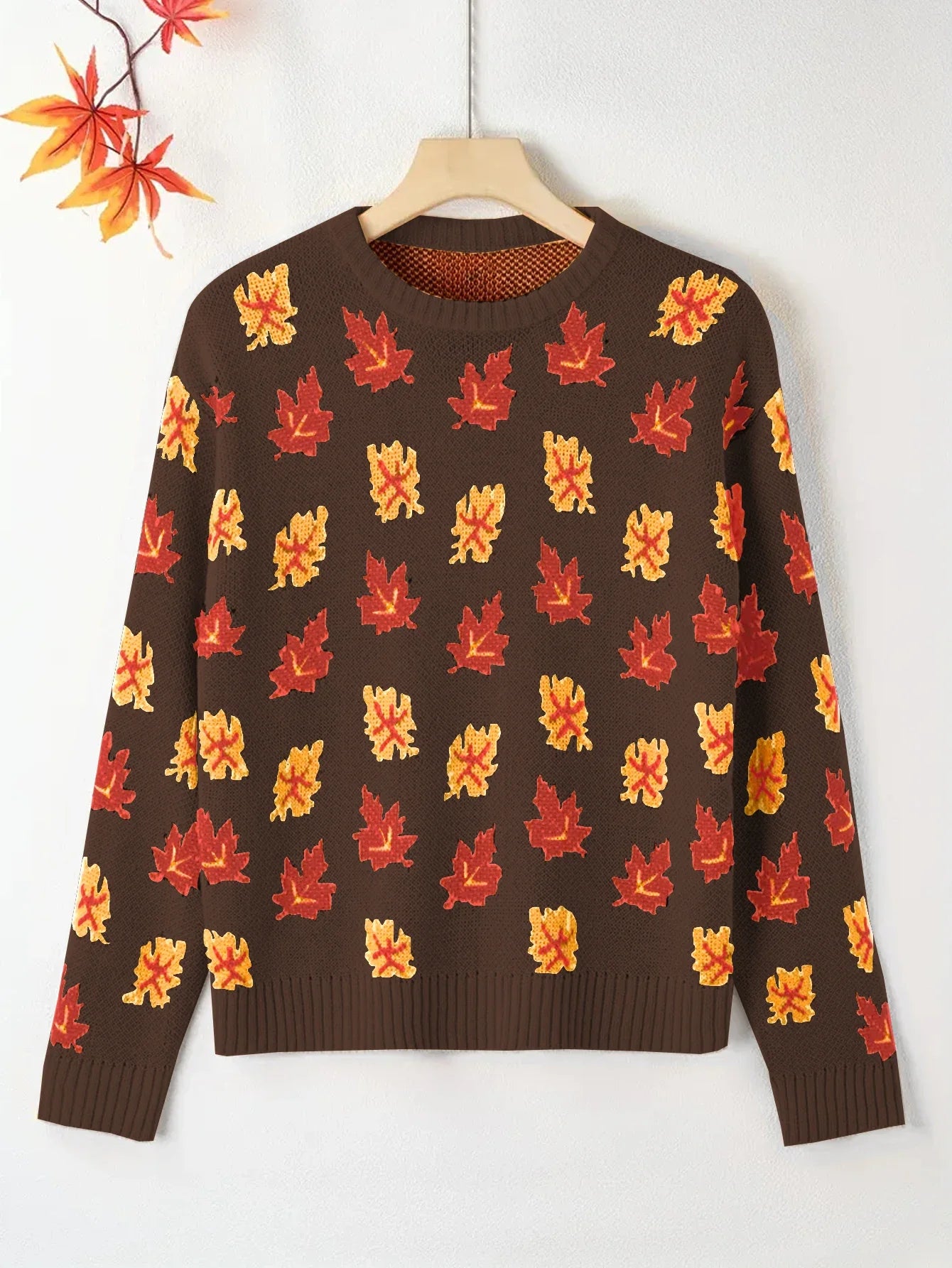 Plus Size Women's Round Neck Pullover Sweater – Falling Leaves Floral Knit, 1XL–4XL (Autumn/Winter)
